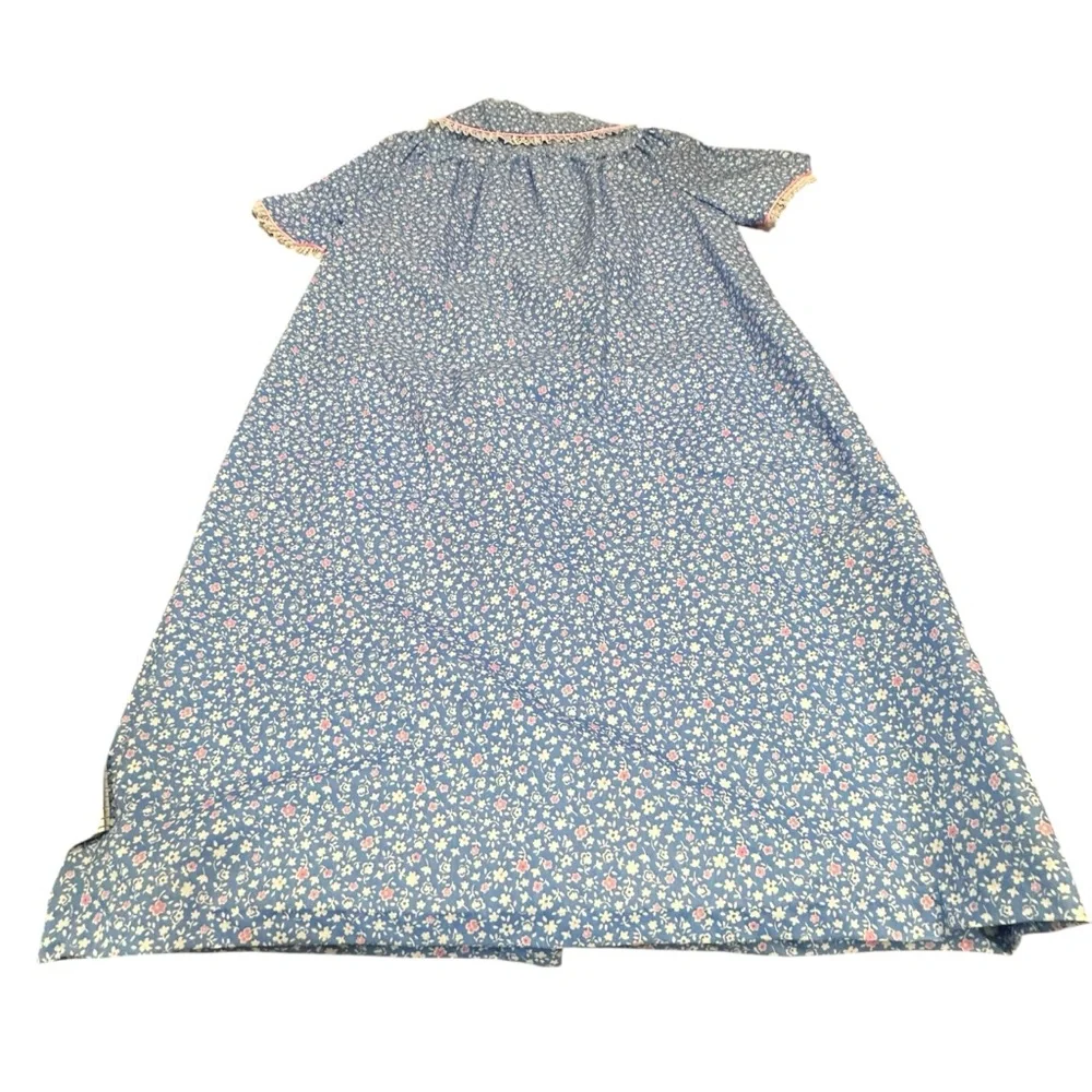 Vintage Coffee Time nightgown House Dress Blue Floral‎ Lace Pockets Medium